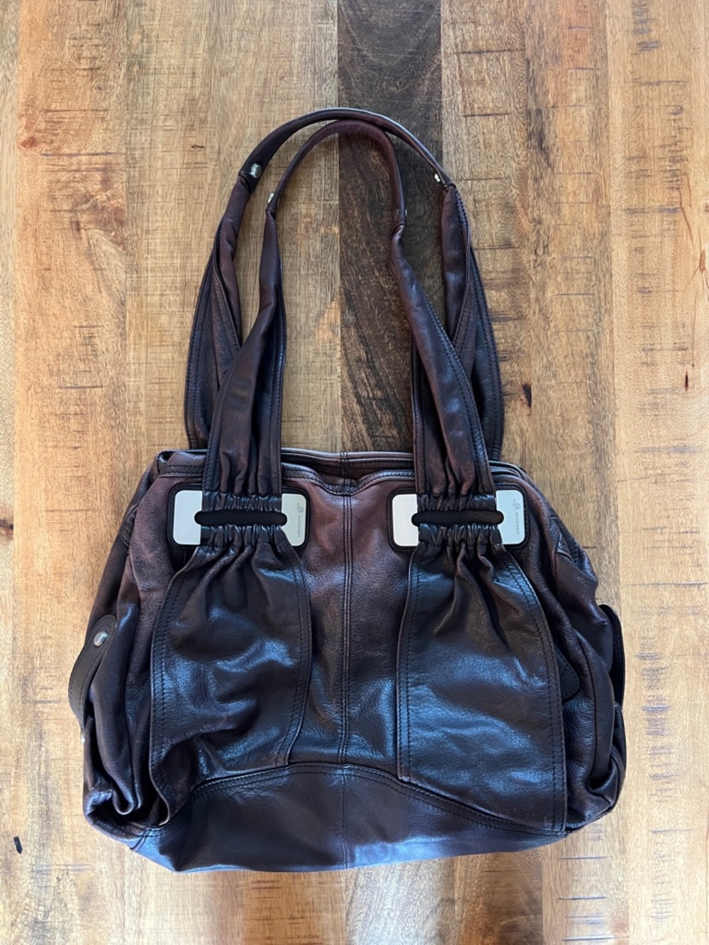b. makowsky Chocolate Brown Leather Shoulder Tote with Double Straps
